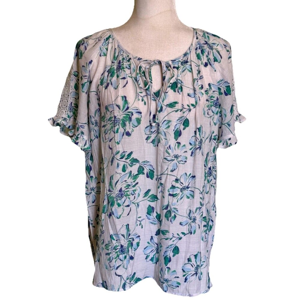 Women Boho Floral Peasant Blouse Tie Neck Keyhole Lace Sleeve‎ Relaxed Top Sz XL